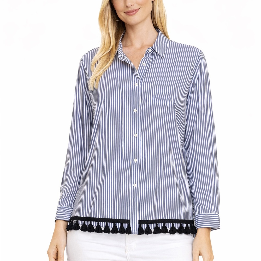 Zara Size Medium Women's Blue and White Striped Shirt with Tassel Poms